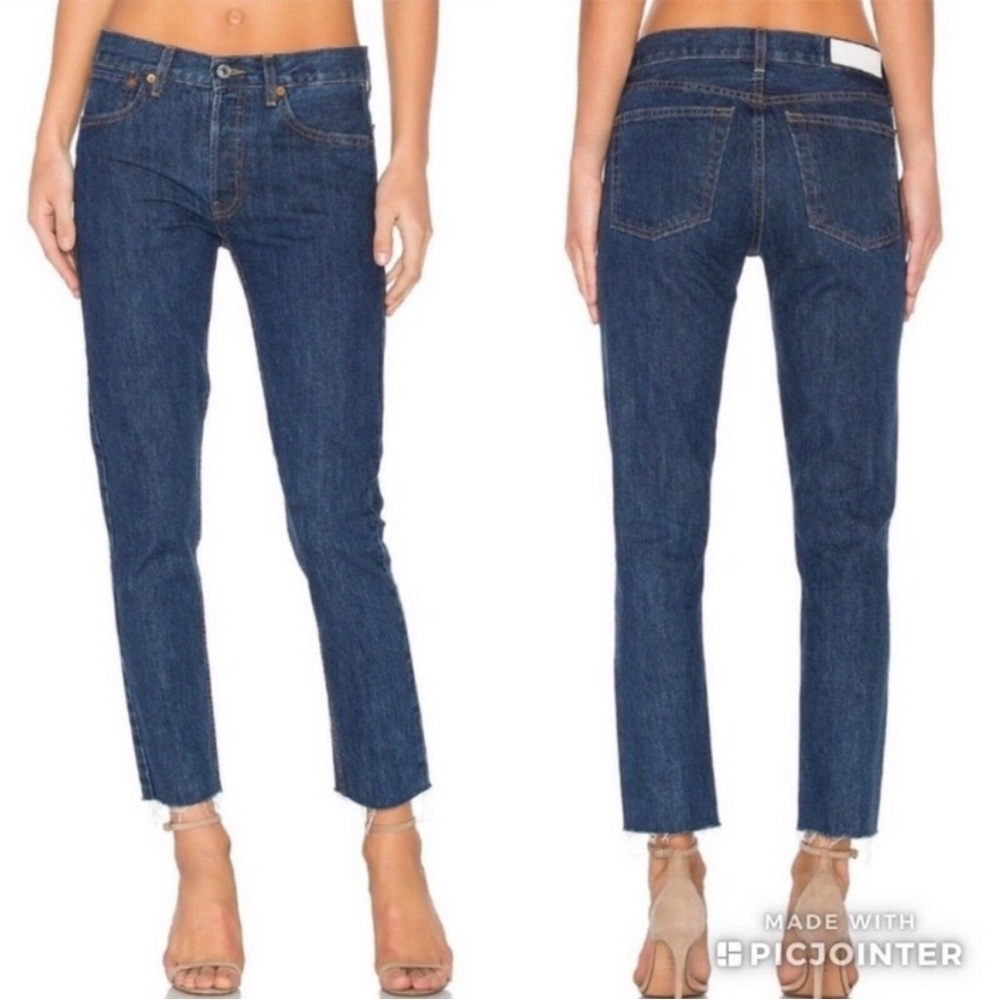 RE/DONE Originals High Rise Rigid Crop in Dark Wash jeans raw hem size 26
